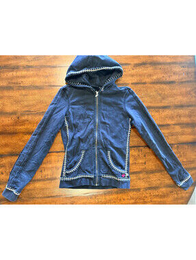 Twisted Heart Black Full Zip Hoodie Jacket Embroidered Embellished Heart, Small